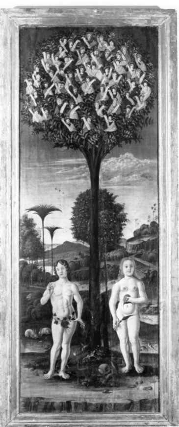 Adamo ed Eva ai piedi un albero con Santi sui rami, Adamo ed Eva ai piedi un albero con Santi sui rami (dipinto, opera isolata) di Bastiani Lazzaro (bottega) (secc. XV/ XVI)