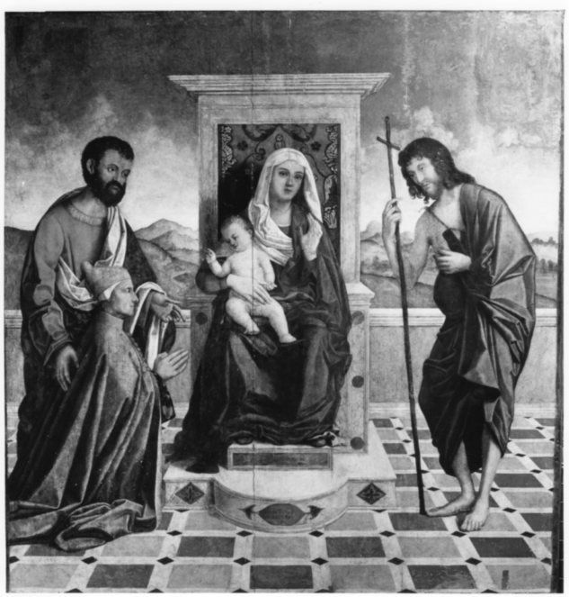 Madonna in trono con Gesù bambino, i Santi giovanni Battista e Marco e il Doge Leonardo Loredan, Madonna in trono con Gesù bambino, i Santi giovanni Battista e Marco e il Doge Leonardo Loredan (dipinto, opera isolata) di Catena Vincenzo (inizio sec. XVI)