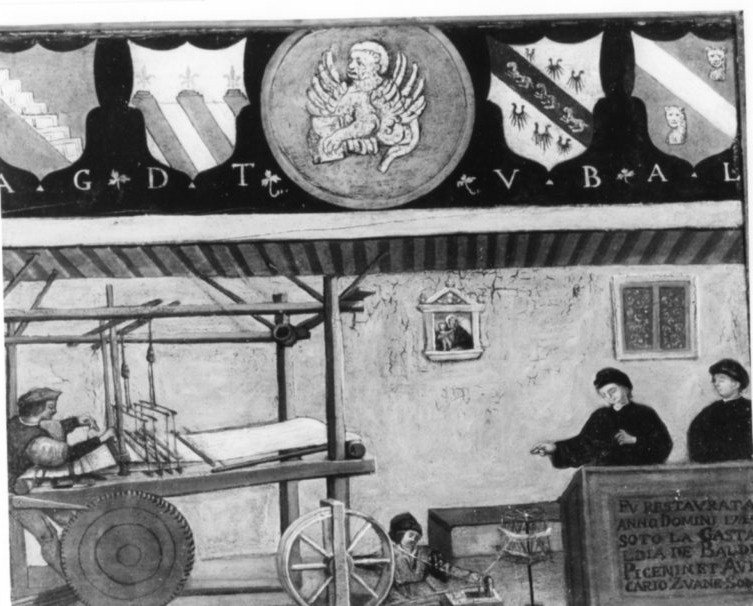 insegna dell'arte dei tessitori di seta, insegna di un'arte (dipinto, opera isolata) - ambito veneto (primo quarto sec. XVI)