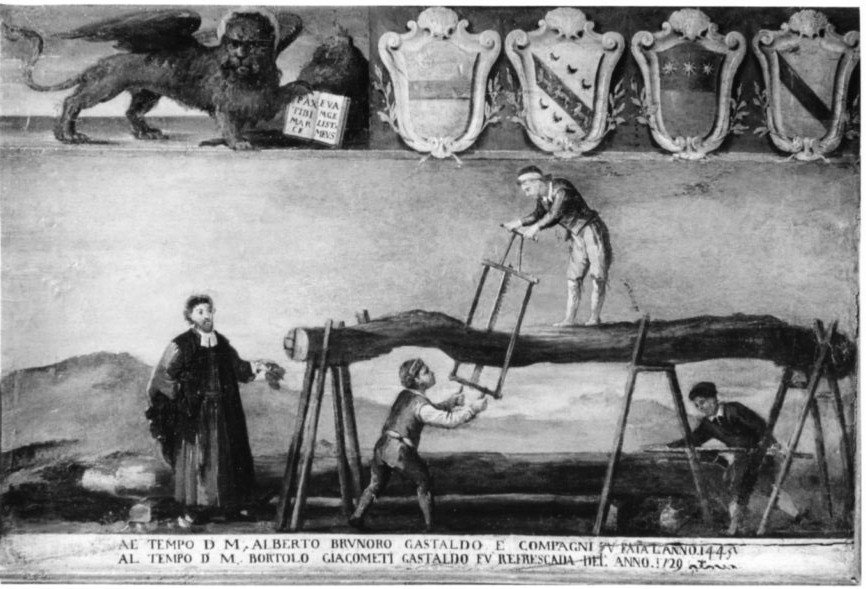 insegna dell'arte dei segatori di legna, insegna di un'arte (dipinto, opera isolata) - ambito veneto (secondo quarto sec. XVIII)