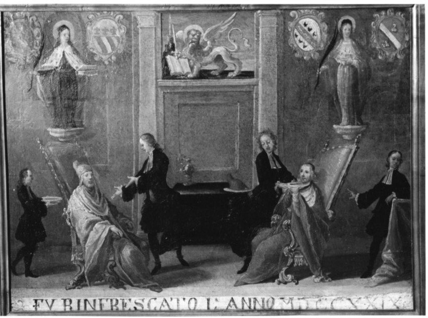 insegna dell'arte dei barbieri, insegna di un'arte (dipinto, opera isolata) - ambito veneto (secondo quarto sec. XVIII)