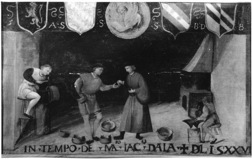 insegna dell'arte dei calderai, insegna di un'arte (dipinto, opera isolata) - ambito veneto (secondo quarto sec. XVI)