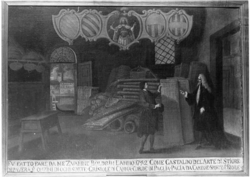 insegna dell'arte degli stioreri o fabbricanti di stuoie, insegna di un'arte (dipinto, opera isolata) - ambito veneto (secondo quarto sec. XVIII)