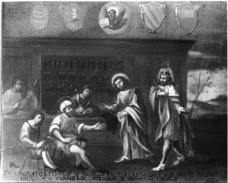 insegna dell'arte dei calzolai con S. Aniano guarito da San Marco, insegna di un'arte (dipinto, opera isolata) - ambito veneto (secondo quarto sec. XVIII)