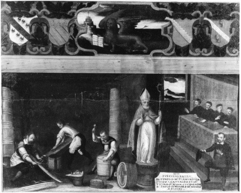 insegna dell'arte dei mastellai o barileri, insegna di un'arte (dipinto, opera isolata) - ambito veneto (primo quarto sec. XVII)