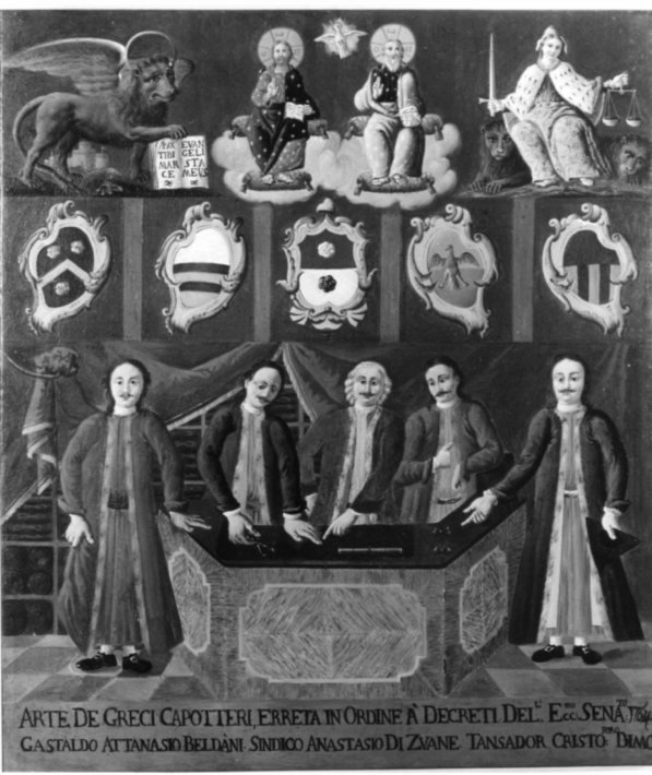 insegna dell'arte dei capotteri greci, insegna di un'arte (dipinto, opera isolata) - ambito veneto (terzo quarto sec. XVIII)