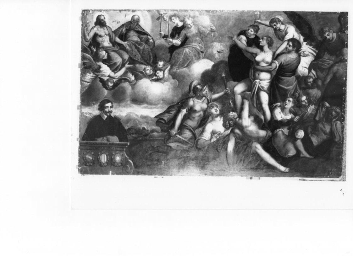 castigo criminale con la Trinità e un segretario, castigo criminale con la Trinità e un segretario (dipinto, opera isolata) di Robusti Domenico detto Domenico Tintoretto (attribuito) (primo quarto sec. XVII)