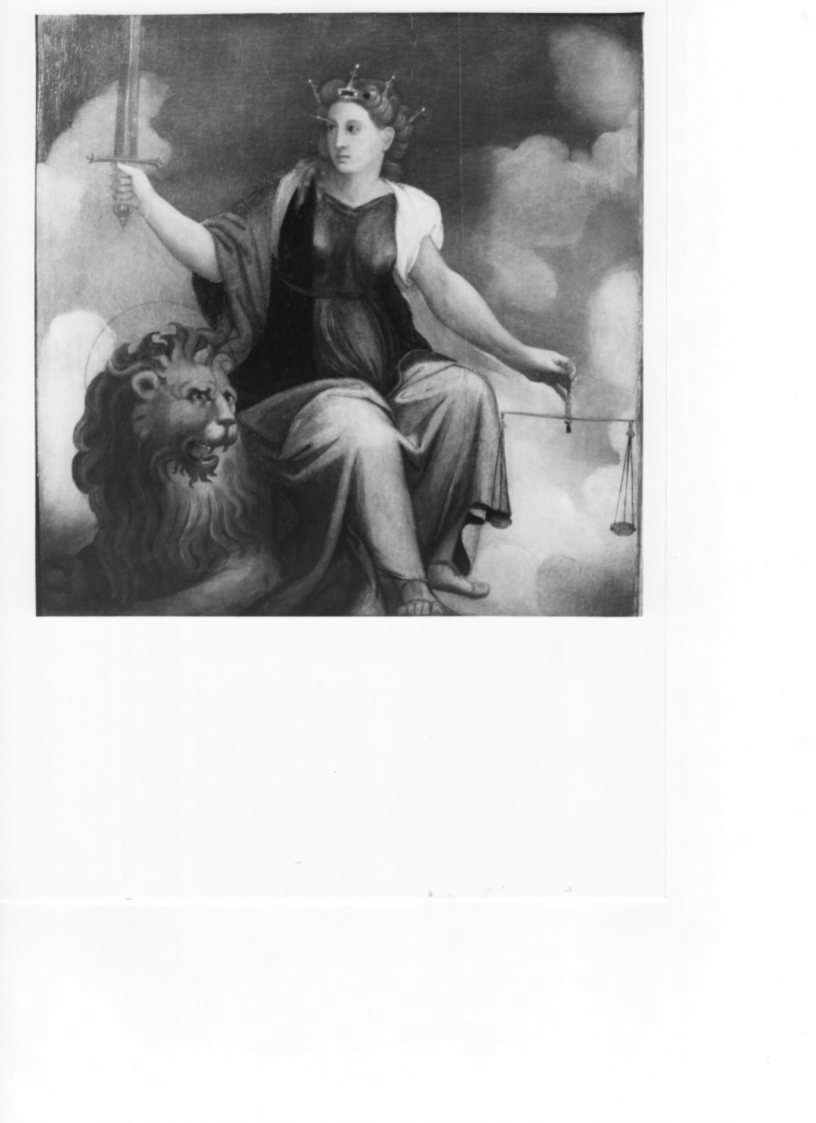 Giustizia seduta sopra il leone di San Marco, Giustizia seduta sopra il leone di San Marco (dipinto, opera isolata) di Meldolla Andrea detto Schiavone (sec. XVI)