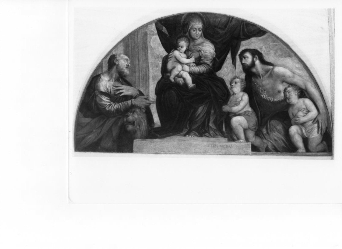 Madonna con Bambino in trono e i Santi Marco e Giovanni Battista, Madonna con Bambino in trono tra santi (dipinto, opera isolata) di Angolo Battista detto Battista del Moro (sec. XVI)