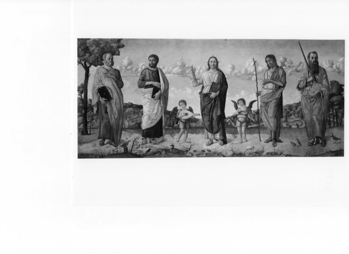 Cristo benedicente fra i Santi Marco, Pietro, Paolo e Giovanni Battista, Cristo benedicente tra Santi (dipinto, opera isolata) di Bello Giacomo (sec. XVI)