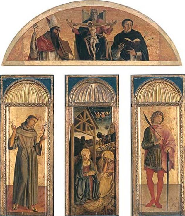 Trittico della Natività, Natività di Gesù tra i santi Francesco e Vittore, Trinità tra i santi Dome nico e Ubaldo (dipinto, insieme) di Bellini Giovanni detto Giambellino, Bellini Gentile, Bellini Jacopo (secc. XV/ XVI)