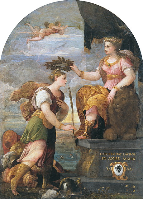 Venezia incorona la Virtù guerriera (dipinto, opera isolata) di Buonconsiglio Vitruvio (attribuito) (seconda metà sec. XVI)