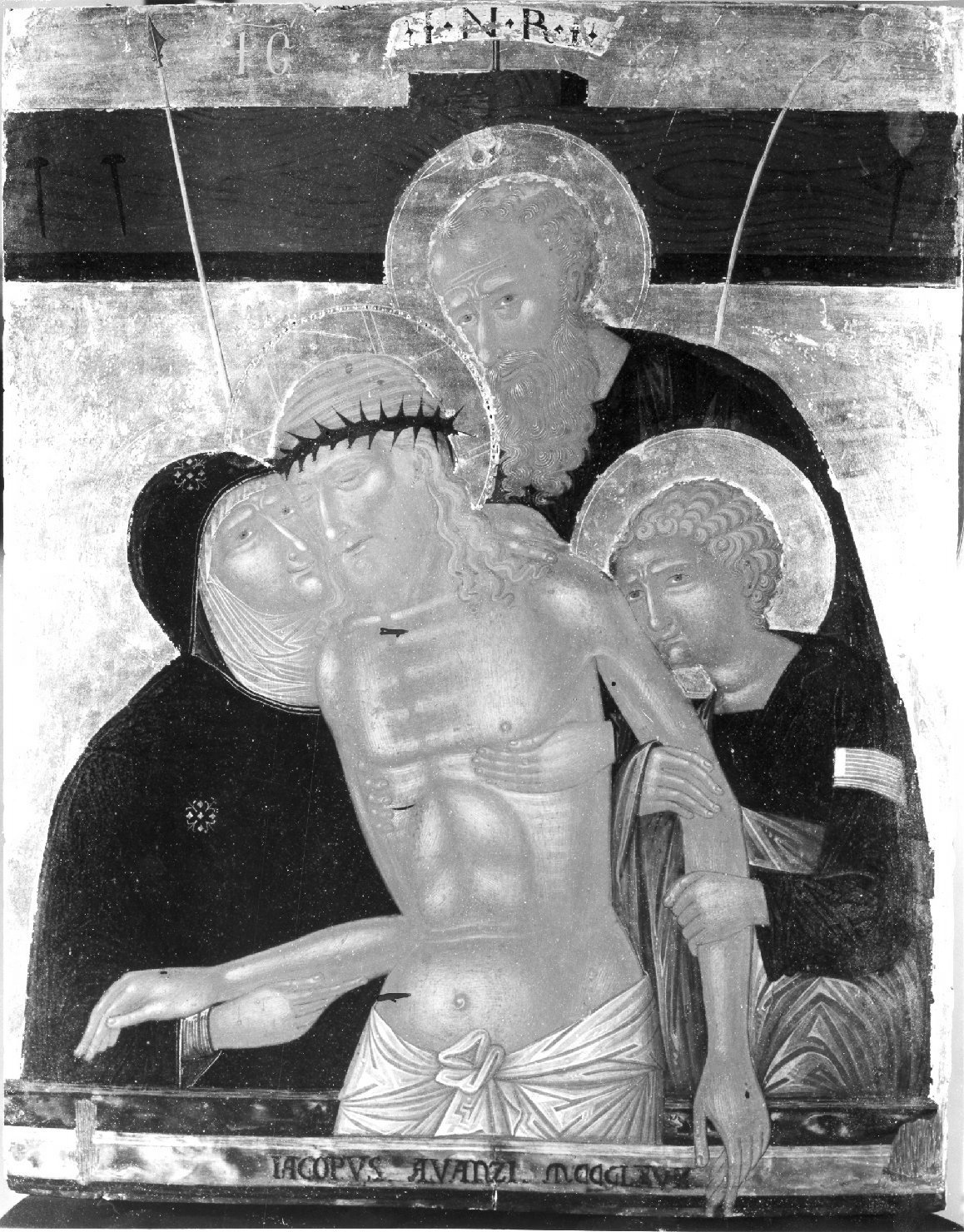 Gesù Cristo morto sorretto da San Giovanni Engelista la Madonna e Nicodemo, compianto sul Cristo morto (dipinto, opera isolata) - ambito cretese (sec. XVI)