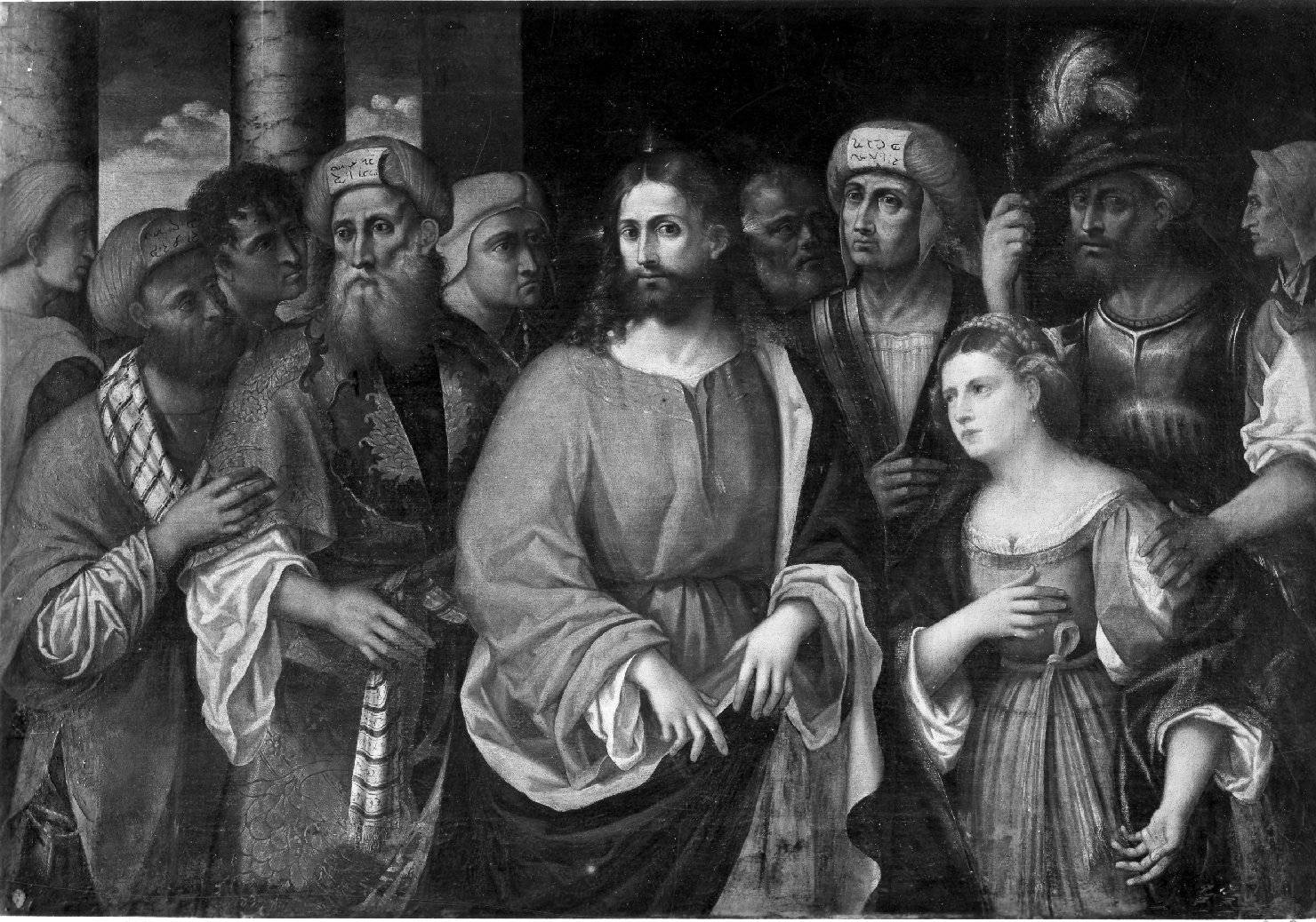 Cristo e l'adultera (dipinto, opera isolata) di Marconi Rocco (bottega) (sec. XVI)