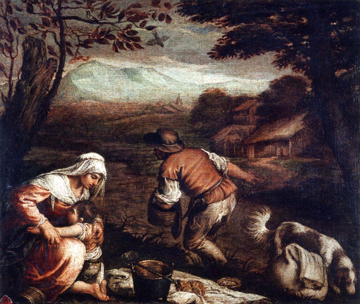 Paesaggio con la famiglia del seminatore, paesaggio con famiglia (dipinto, opera isolata) di Da Ponte Jacopo detto Jacopo Bassano (bottega) (fine sec. XVI)