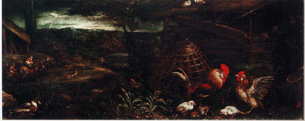 paesaggio con animali da cortile, paesaggio con la fuga in Egitto (dipinto, opera isolata) di Da Ponte Jacopo detto Jacopo Bassano (bottega) (fine sec. XVI)