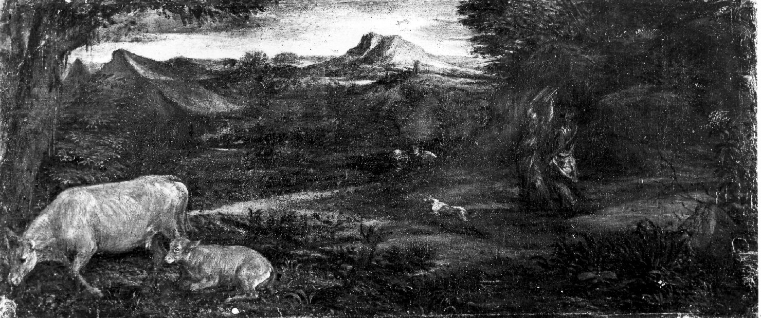 Mosè che infrange le Tavole della Legge (?), paesaggio con animali (dipinto, opera isolata) di Da Ponte Jacopo detto Jacopo Bassano (attribuito) (sec. XVI)