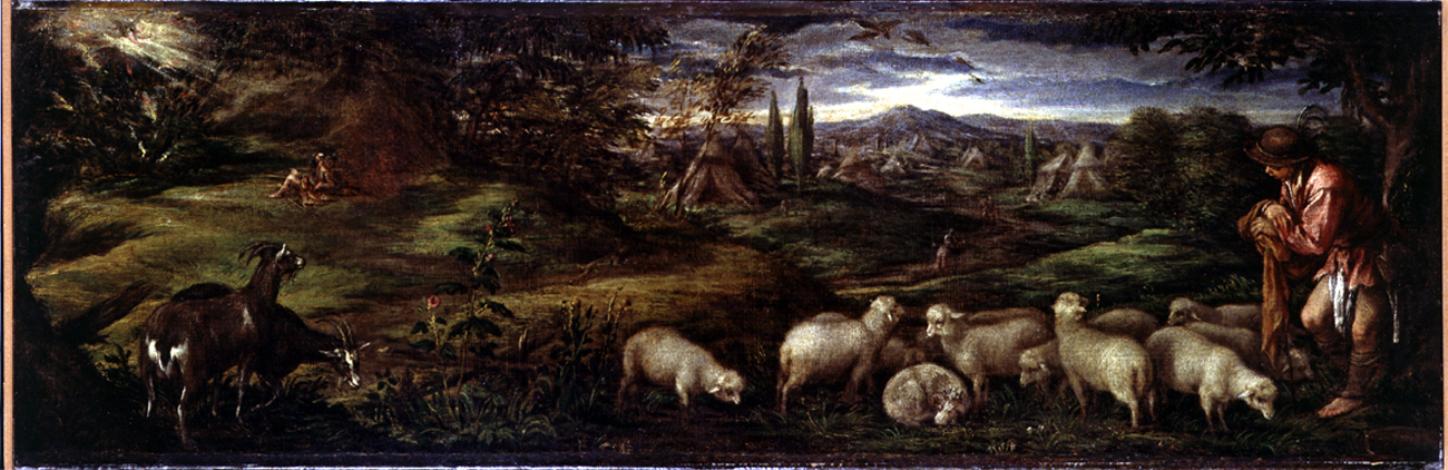 Paesaggio con pastori e roveto ardente, scena pastorale (dipinto) di Da Ponte Jacopo detto Jacopo Bassano (bottega) (sec. XVI)