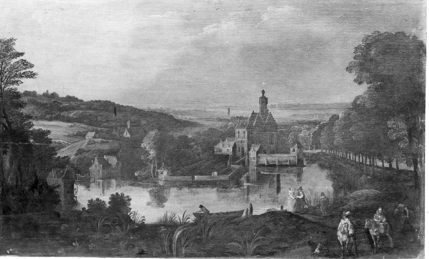paesaggio con castello sul fiume, paesaggio (dipinto, opera isolata) - ambito fiammingo (sec. XVII)
