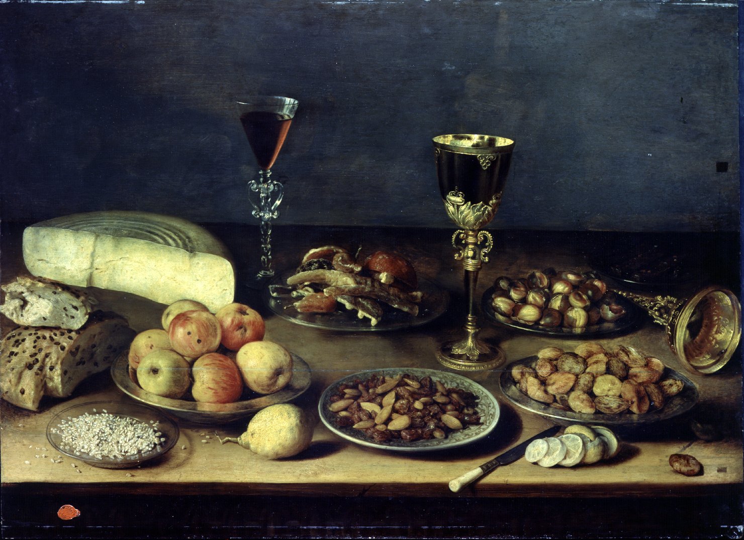 Natura morta con calici, natura morta con frutta (dipinto, opera isolata) - ambito fiammingo (prima metà sec. XVII)