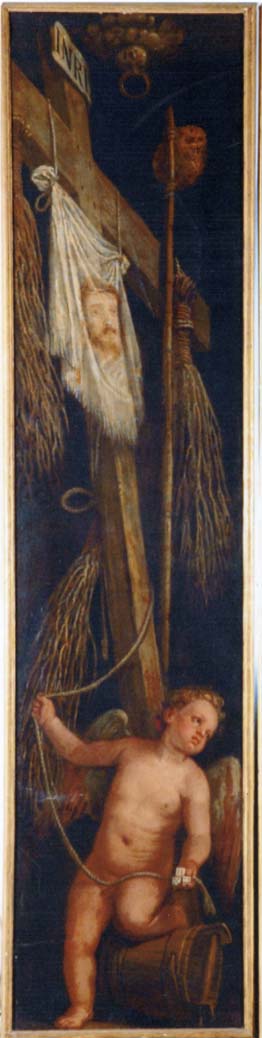 Angelo con strumenti della passione (dipinto) di Caliari Carlo detto Caliari Carletto (ultimo quarto sec. XVI)