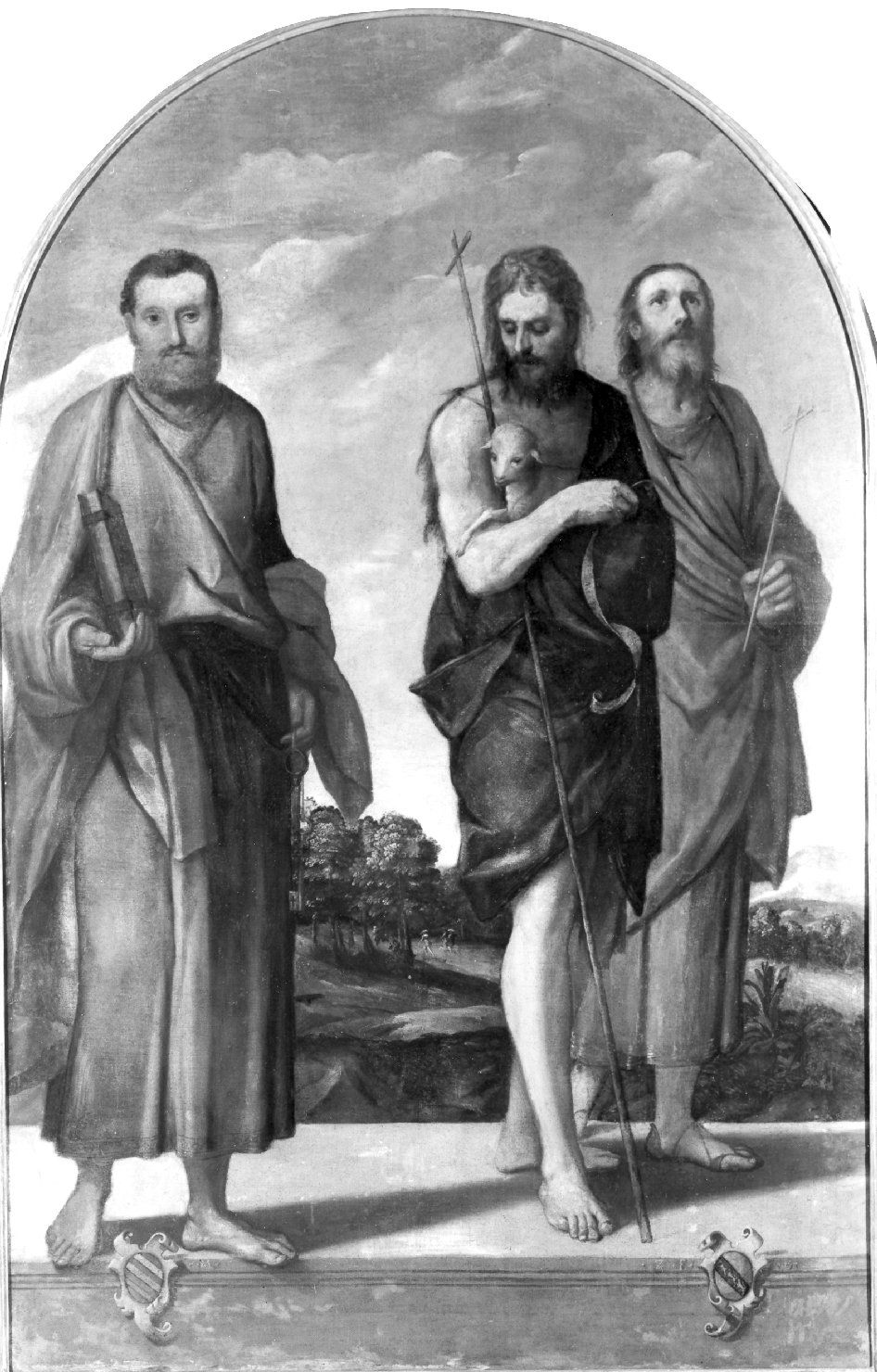 Santi Pietro, Giovanni Battista e Filippo (dipinto) di De' Pitati Bonifacio detto Bonifacio Veronese (bottega) (sec. XVI)