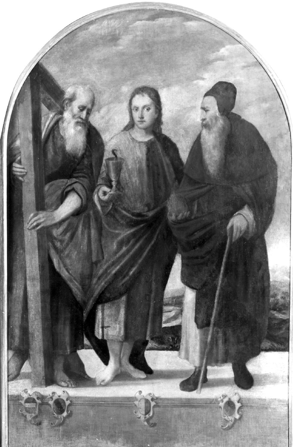 Santi Andrea, Giovanni Evangelista e Antonio Abate (dipinto) di De' Pitati Bonifacio detto Bonifacio Veronese (bottega) (sec. XVI)