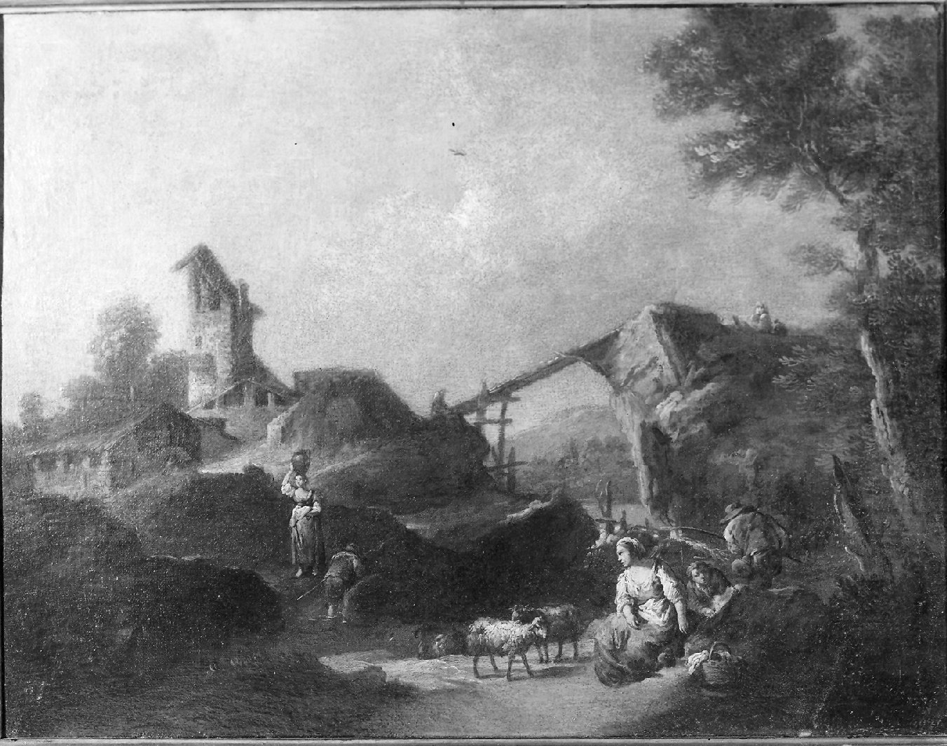 Paesaggio con figure di villici e pastori (dipinto, opera isolata) di Zais Giuseppe (bottega) (ultimo quarto sec. XVIII)