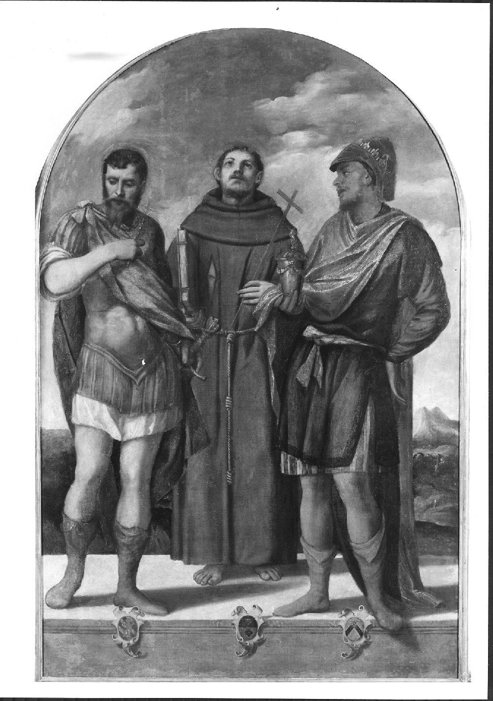 San Renieri, San Francesco e San Melchiorre, Santi (dipinto, opera isolata) di De' Pitati Bonifacio detto Bonifacio Veronese (bottega) (sec. XVI)