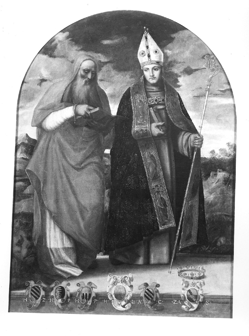 Santi Girolamo e Ludovico da Tolosa (dipinto, opera isolata) di De' Pitati Bonifacio detto Bonifacio Veronese (bottega) (sec. XVI)