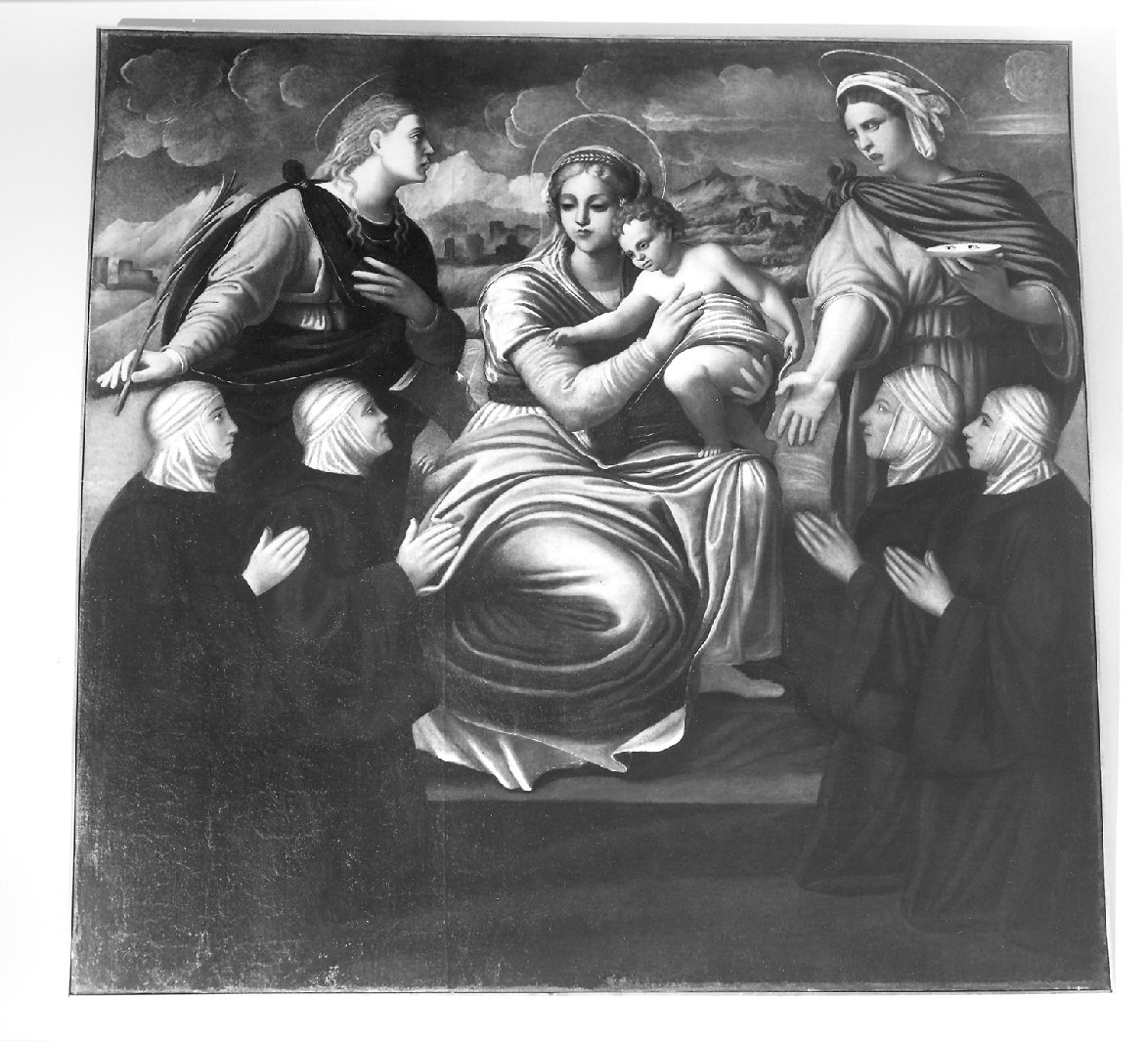 La Vergine tra S.Lucia e S.Caterina venerata da quattro monache, Madonna con Bambino e Santi (dipinto, opera isolata) - ambito veronese (seconda metà sec. XVI)