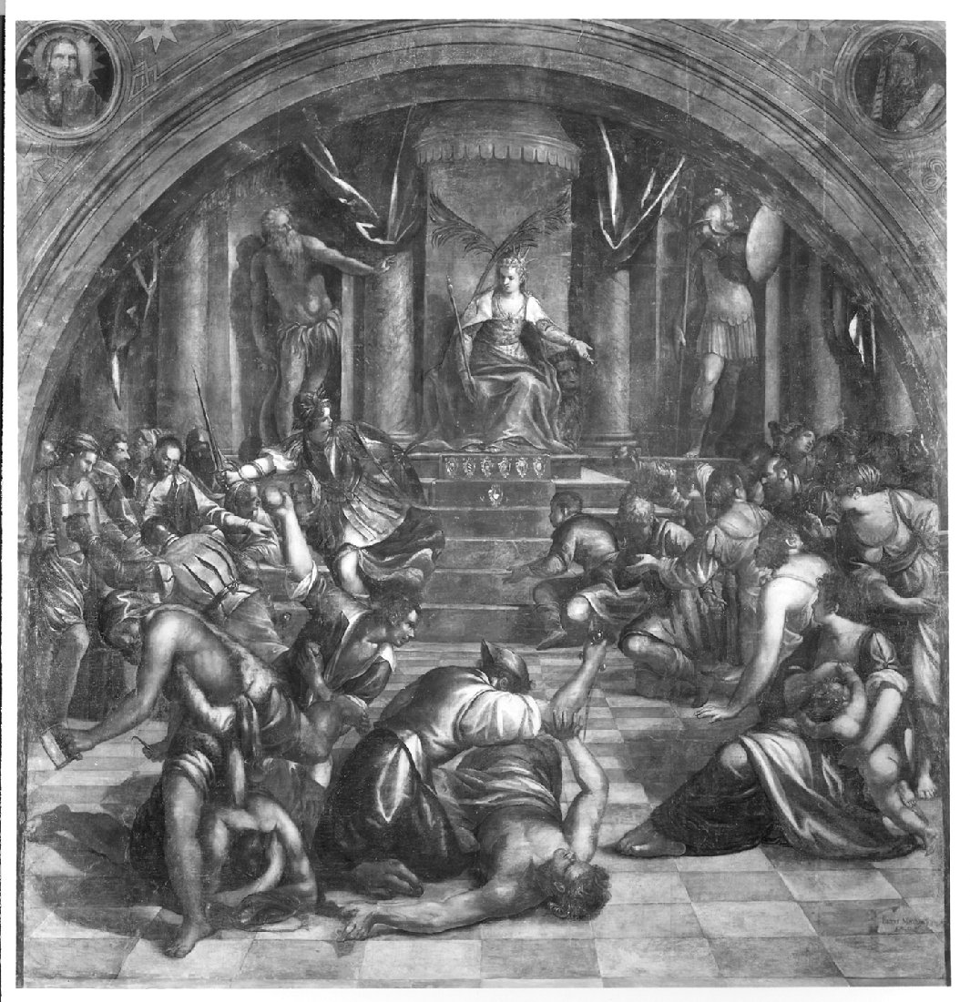 Venezia in trono e Giustizia che fuga i vizi (dipinto, opera isolata) di Malombra Pietro (sec. XVII)