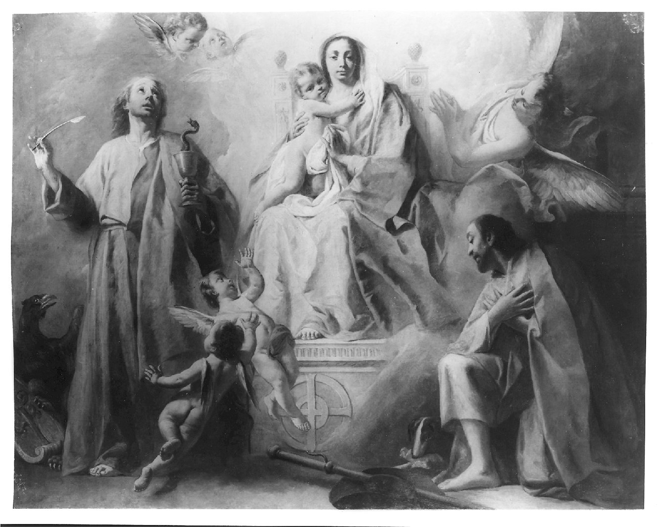 La Madonna con Bambino, S. Rocco e S. Giovanni Evangelista, Madonna in trono e Santi (dipinto, opera isolata) di Angeli Giuseppe (sec. XVIII)