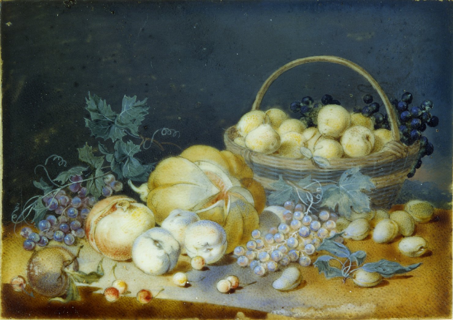 composizione di frutta con cesto di pesche, natura morta (dipinto, elemento d'insieme) - ambito italiano (fine/inizio secc. XVIII/ XIX)