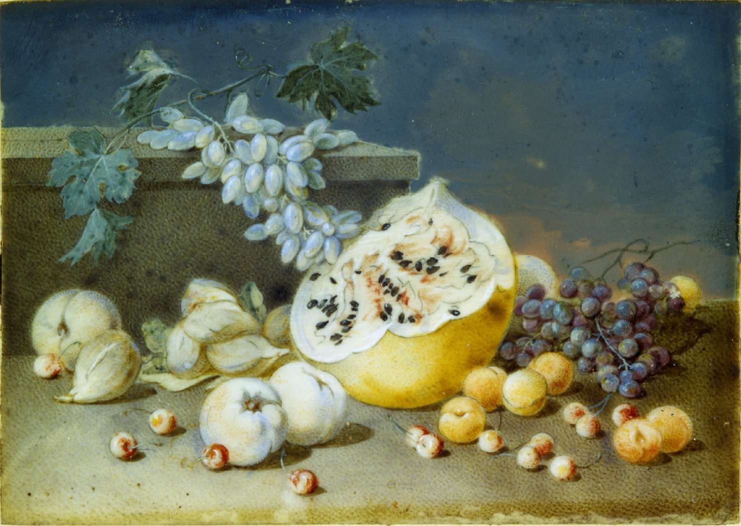 composizione di frutta con uva e anguria, natura morta (dipinto, elemento d'insieme) - ambito italiano (fine/inizio secc. XVIII/ XIX)