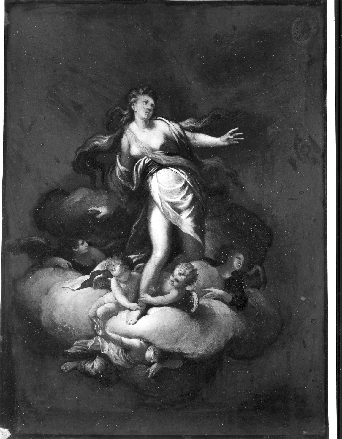 La Maddalena trasportata in cielo, figura femminile panneggiata (dipinto, opera isolata) di Riccio Felice detto Brusasorci Felice (secc. XVI/ XVII)