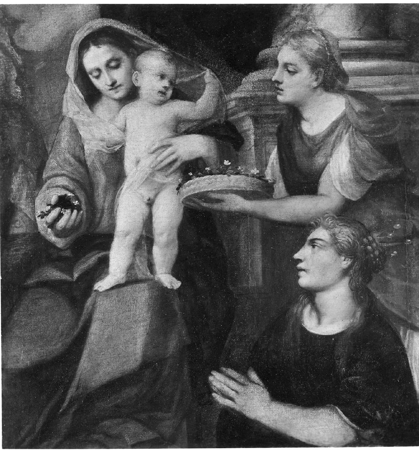 Madonna col Bambino e Sante Rosanna e Caterina, Madonna con Bambino e altri personaggi (dipinto, opera isolata) di De' Pitati Bonifacio detto Bonifacio Veronese, Vassillacchi Antonio detto Aliense (secc. XVI/ XVII)