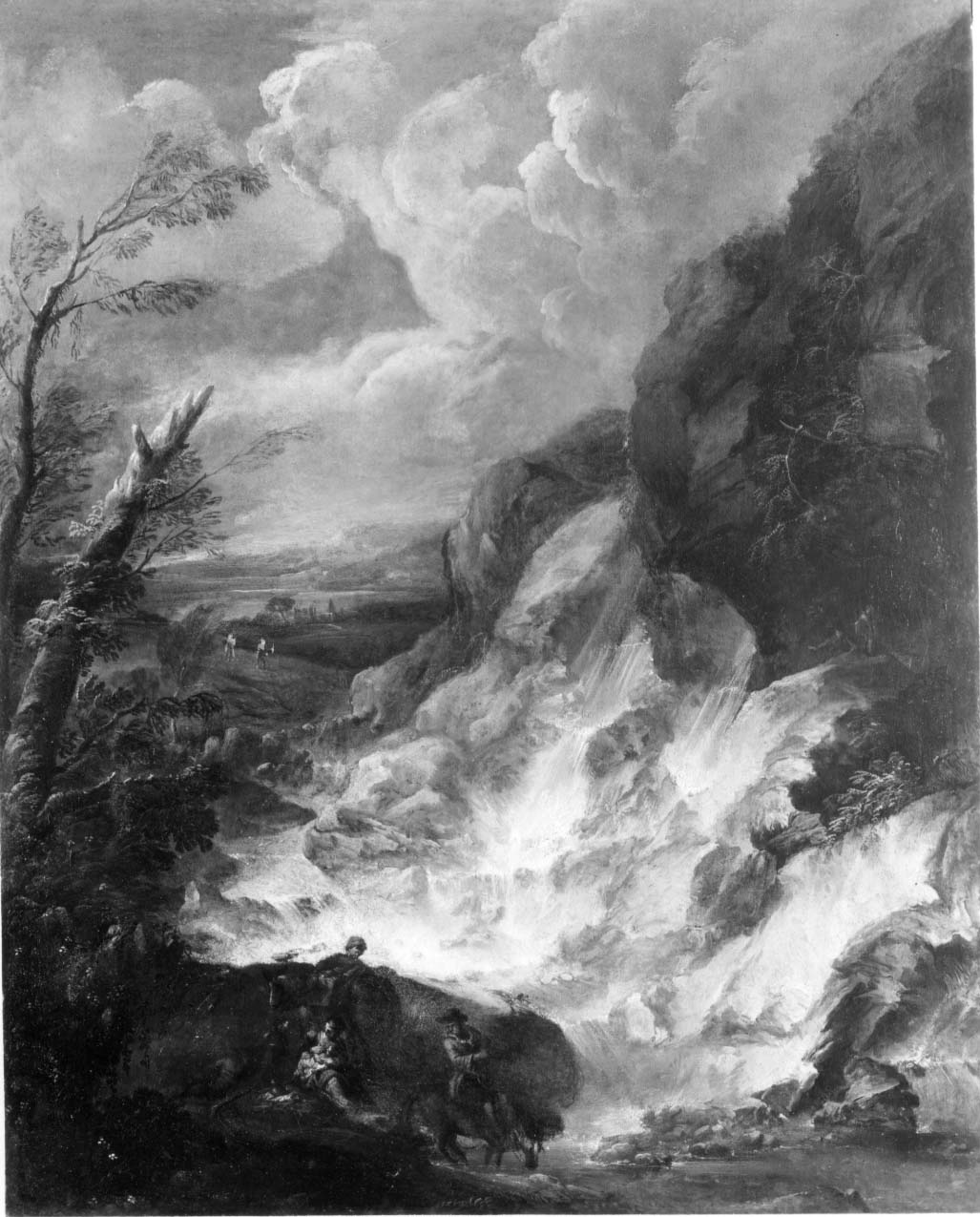 La cascata, paesaggio (dipinto, opera isolata) di Ricci Marco (cerchia) (primo quarto sec. XVIII)