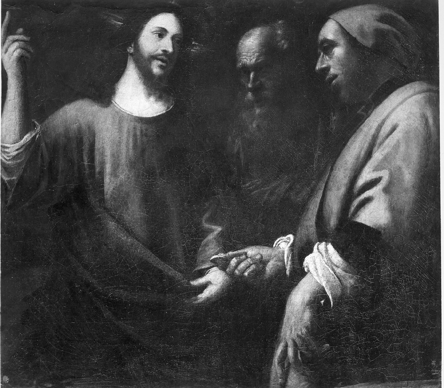 il Cristo della moneta, Cristo e San Pietro (dipinto, opera isolata) di Muttoni Pietro detto Pietro della Vecchia (bottega) (sec. XVII)