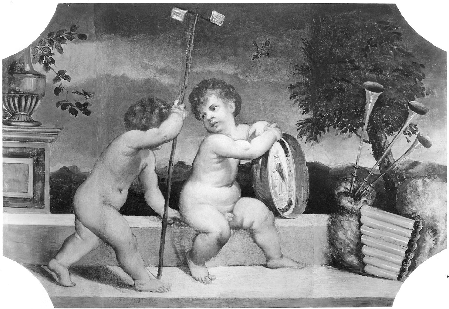Putti con tamburello, putti (dipinto, opera isolata) di Varotari Alessandro detto Padovanino (attribuito) (secc. XVI/ XVII)