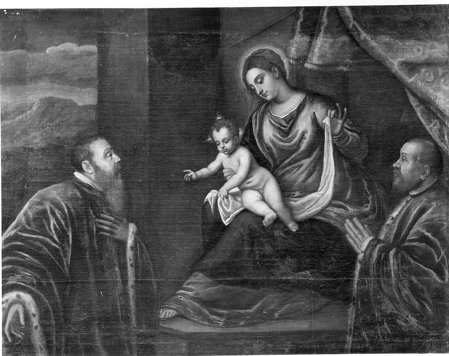 Madonna con Bambino e due Camerlenghi, Madonna con Bambino e altri personaggi (dipinto, opera isolata) di Robusti Domenico detto Domenico Tintoretto (bottega) (secc. XVI/ XVII)