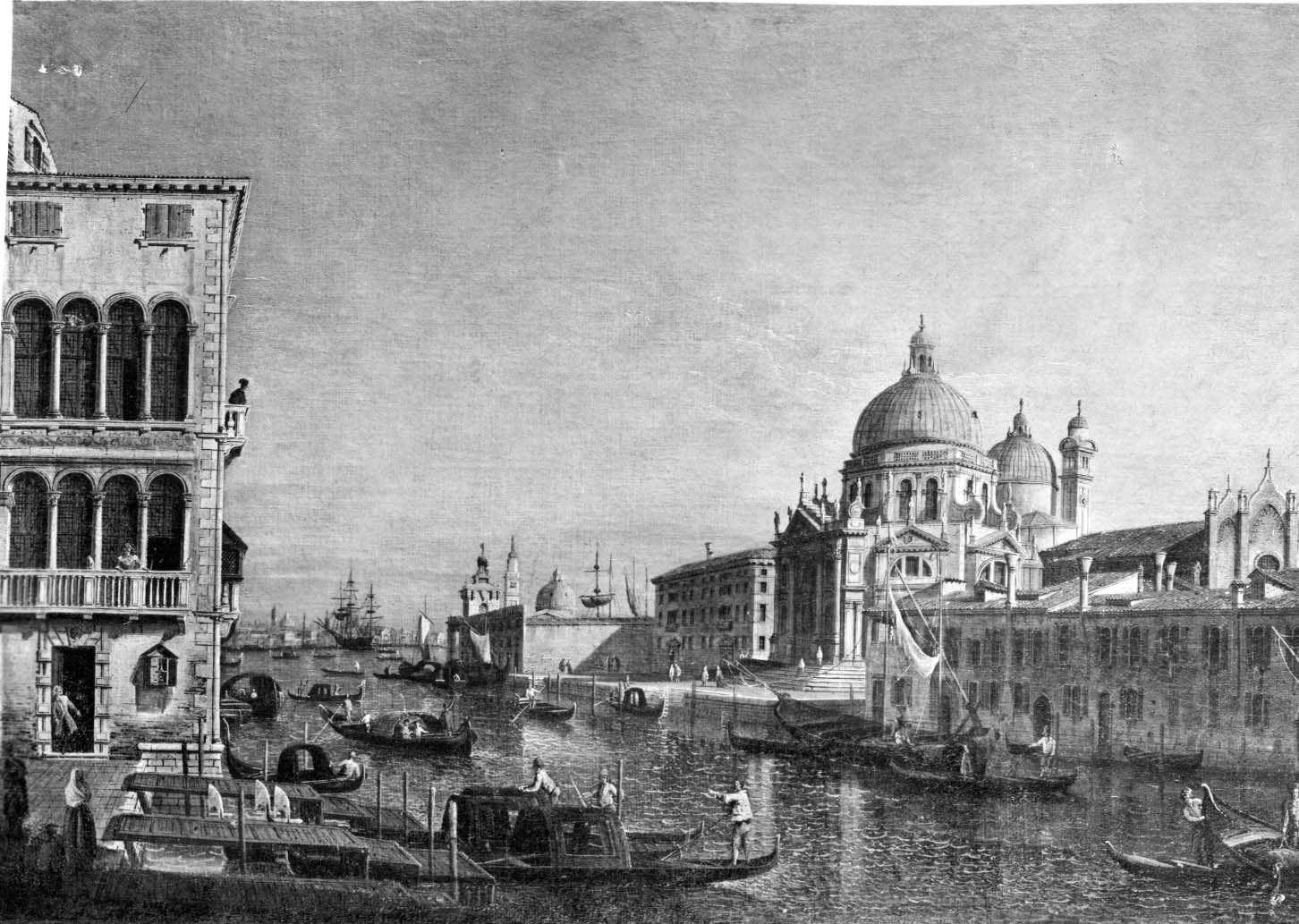 veduta del Canal Grande verso la Salute, veduta della chiesa della Salute a Venezia (dipinto) - ambito veneto (sec. XVIII)