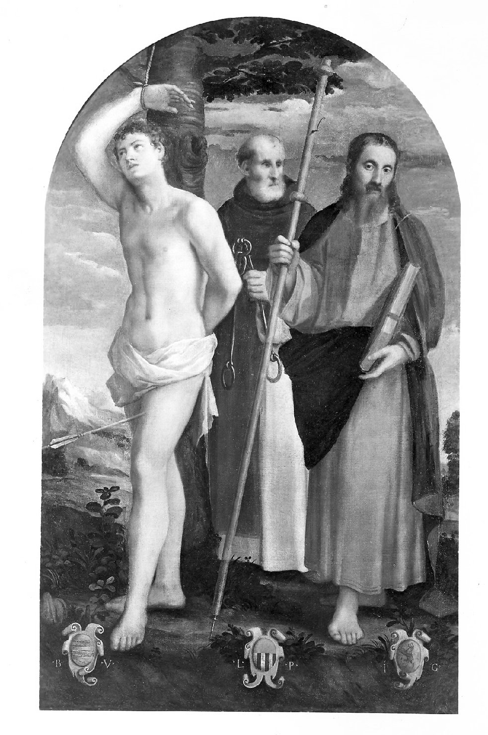 Santi Sebastiano, Giacomo e Leonardo (dipinto, opera isolata) di De' Pitati Bonifacio detto Bonifacio Veronese (bottega) (sec. XVI)