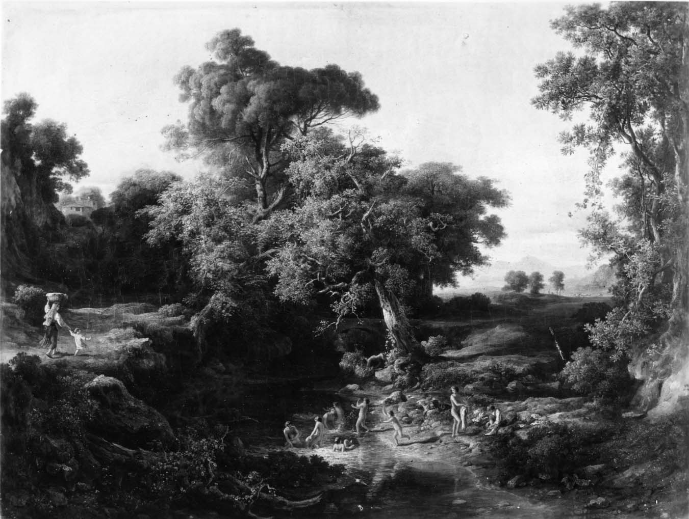 Paesaggio con torrente e fanciulli che si bagnano, paesaggio (dipinto) di Markò Ferenc (metà sec. XIX)