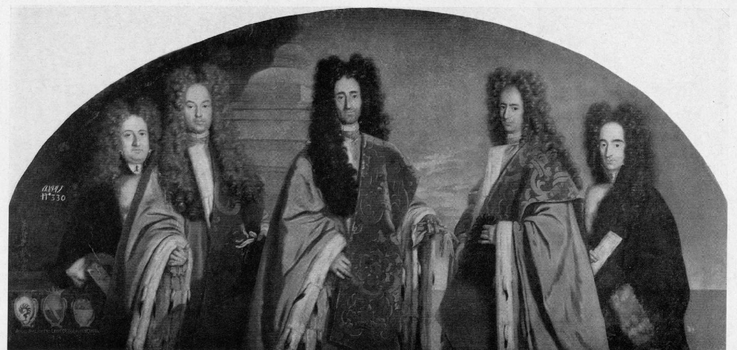 ritratto di tre avogadori e due ministri, ritratto d'uomo (dipinto, opera isolata) - ambito veneto (inizio sec. XVIII)