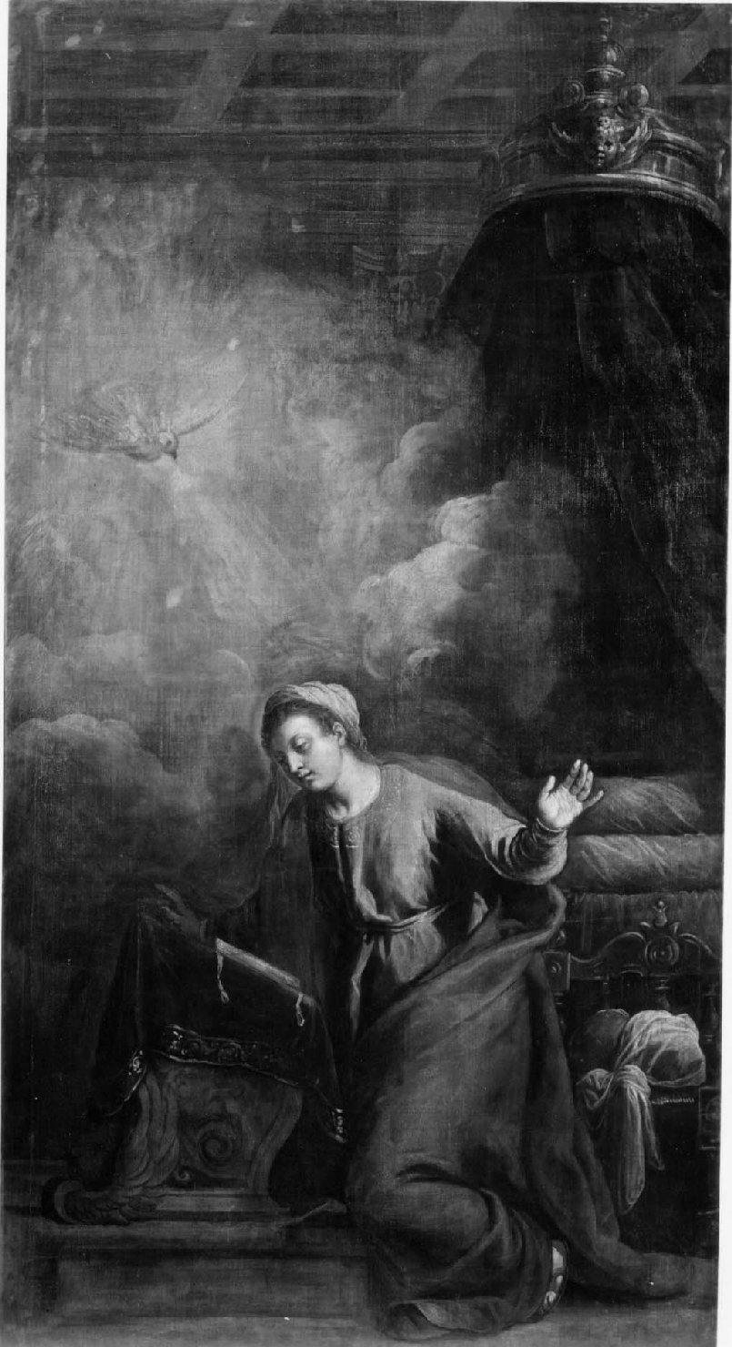 L'Annunciazione:"L'Annunciata", Annunciazione (dipinto, opera isolata) di Negretti Jacopo detto Palma il Giovane (attribuito) (secc. XVI/ XVII)
