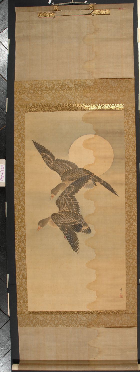 Due oche selvatiche in volo, oche selvatiche (dipinto) di Maruyama Oshin (sec. XIX)