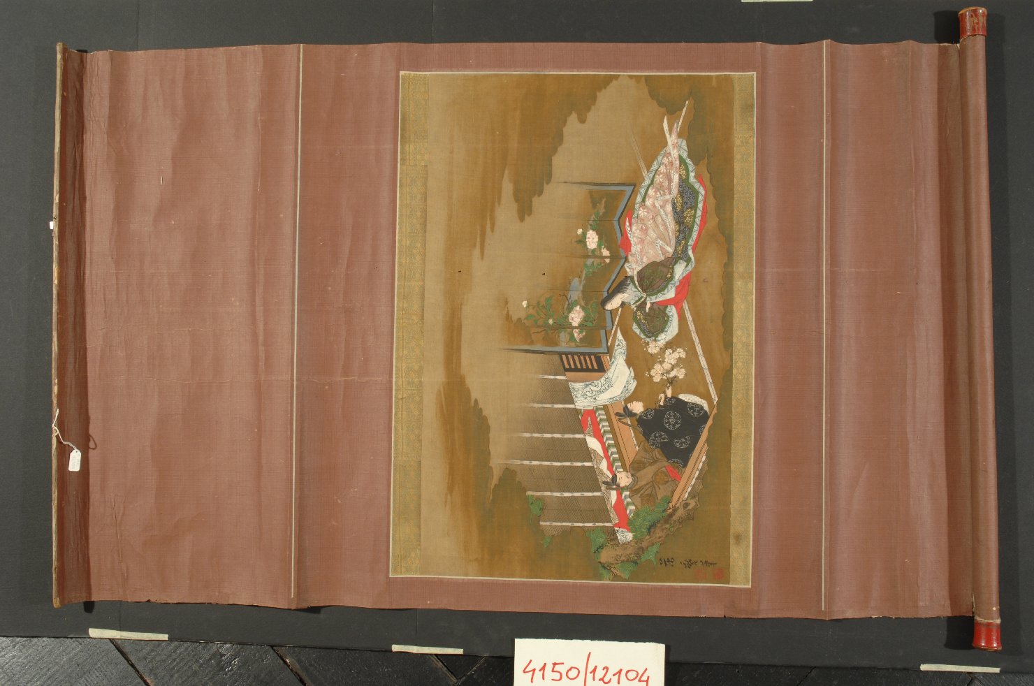 Scena di corte con nobiluomo che consegna a una dama un ramo fiorito diciliegio, figure maschili e femminili (dipinto) di Kitagawa Fujimaro (sec. XIX)