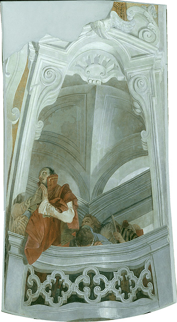 Devoti affacciati a una loggia, architettura (dipinto, opera isolata) di Tiepolo Giovanni Battista (attribuito) (sec. XVIII)