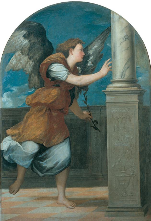 angelo annunciante (dipinto, pendant) di De' Pitati Bonifacio detto Bonifacio Veronese (attribuito) (metà sec. XVI)